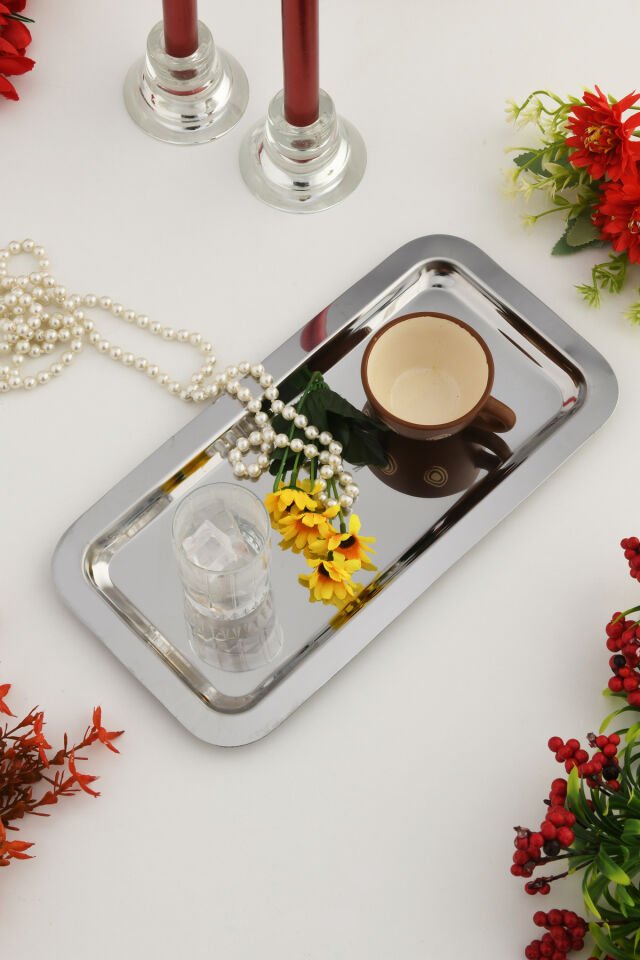 Dalin Gümüş Dikdörtgen Paslanmaz Çelik Tekli Çay Kahve Servis Sunum Tepsisi