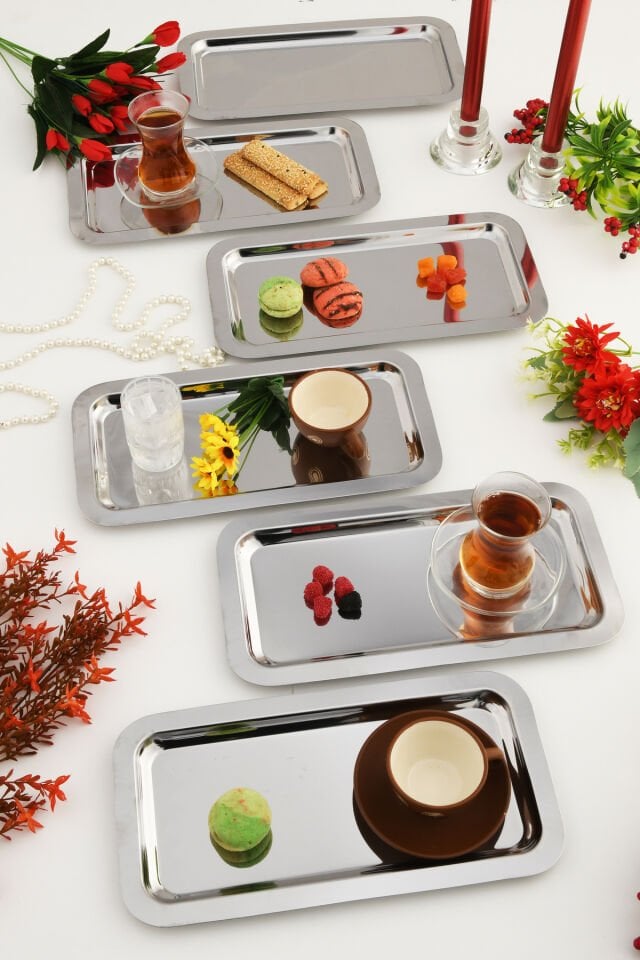 Dalin Gümüş Dikdörtgen Paslanmaz Çelik 6'lı Takım Çay Kahve Servis Sunum Tepsisi
