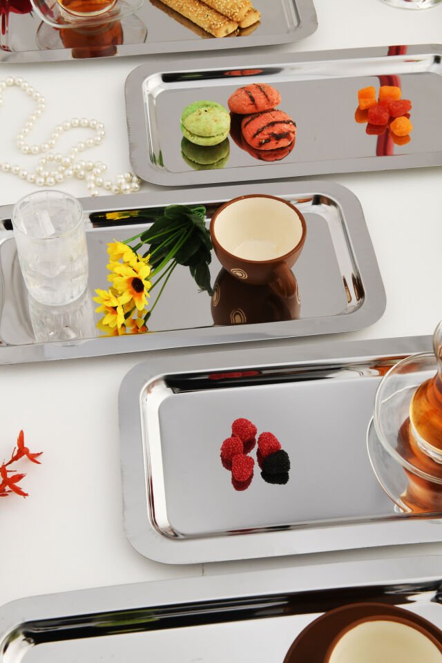 Dalin Gümüş Dikdörtgen Paslanmaz Çelik 6'lı Takım Çay Kahve Servis Sunum Tepsisi