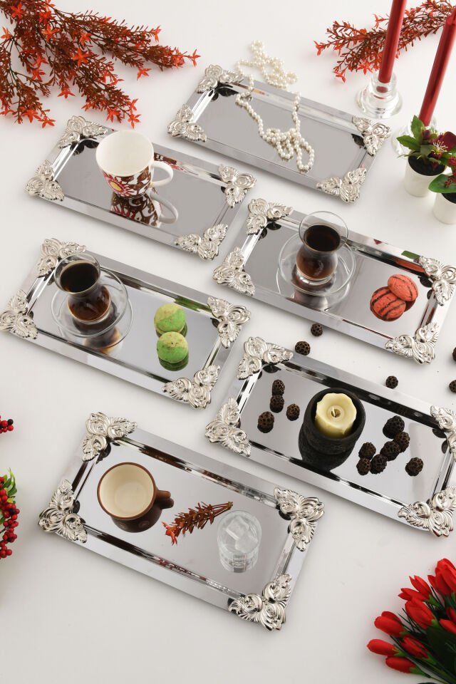 Foldosi Gümüş 6'lı Gümüş Süs Detaylı Kayık Kahve Sunum Tepsisi Servis Çay Tepsisi Dekoratif Tepsi