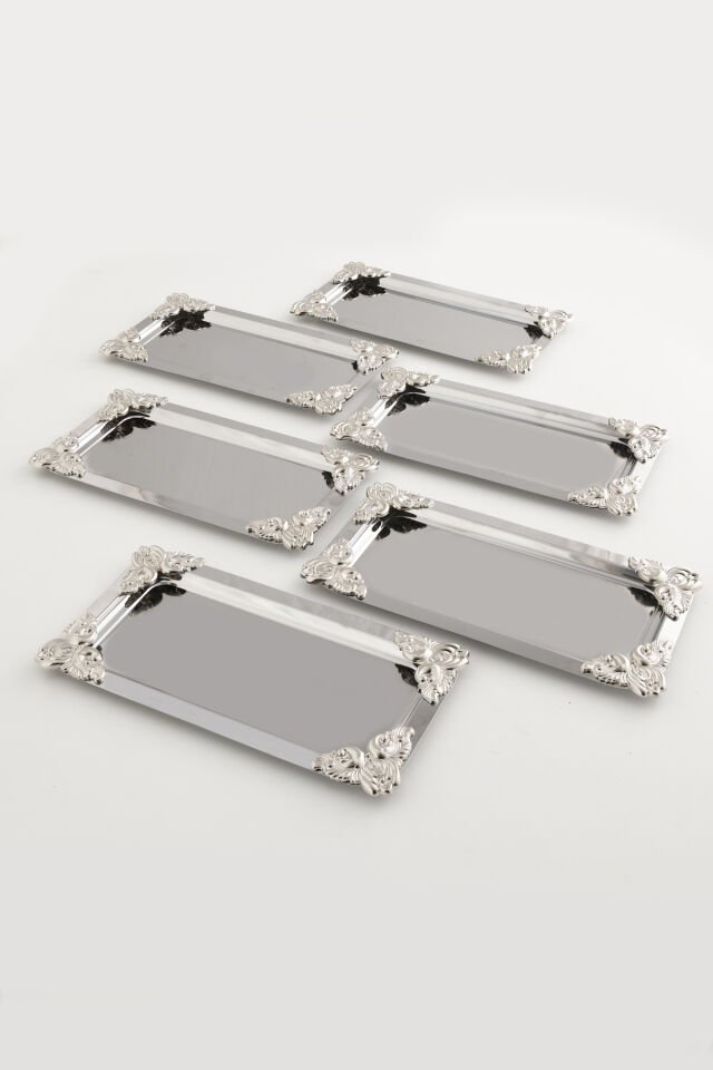 Foldosi Gümüş 6'lı Gümüş Süs Detaylı Kayık Kahve Sunum Tepsisi Servis Çay Tepsisi Dekoratif Tepsi