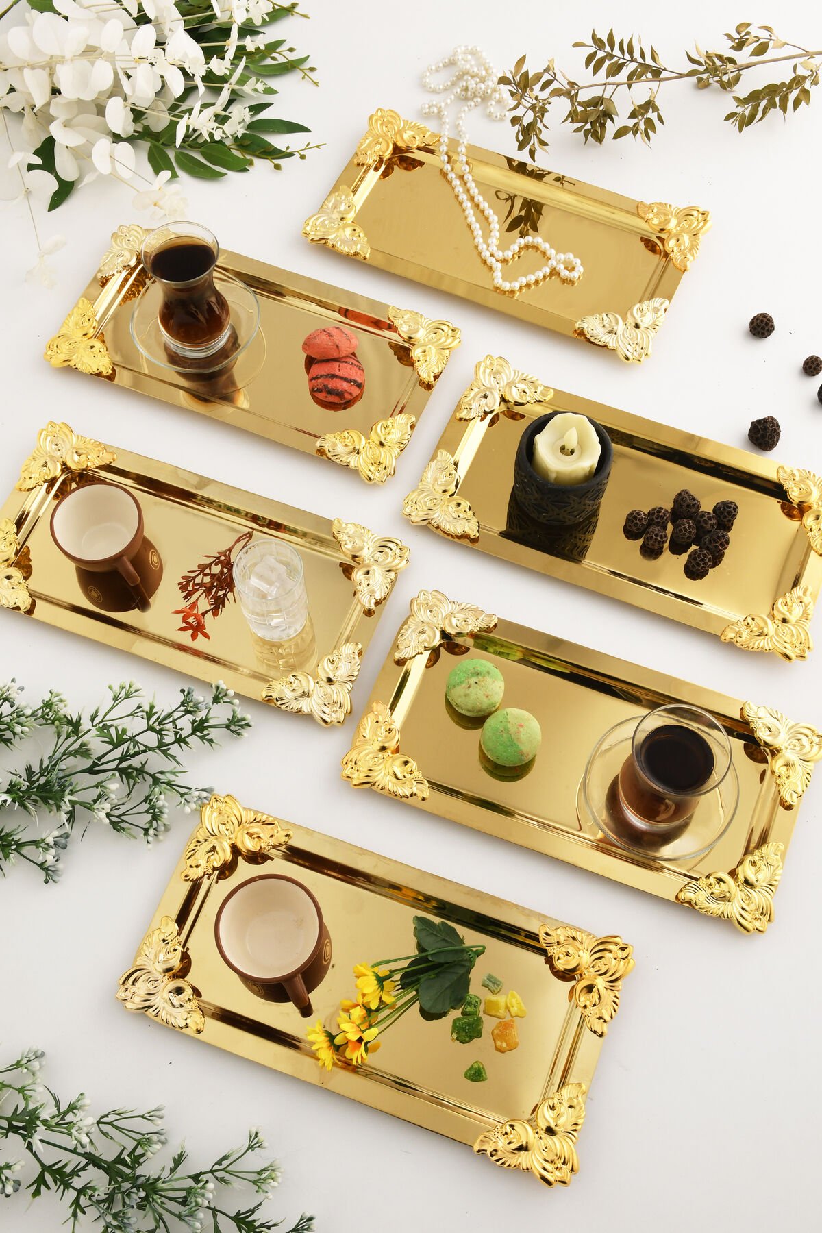 Foldosi Gold 6'lı Gold Süs Detaylı Kayık Kahve Sunum Tepsisi Servis Çay Tepsisi Dekoratif Tepsi