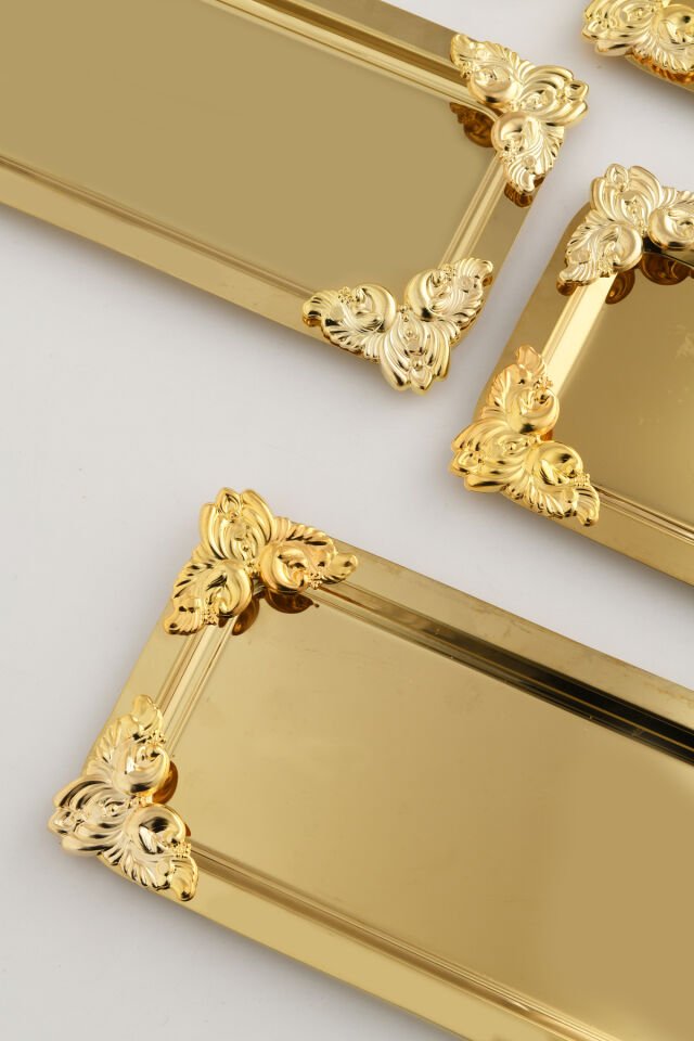 Foldosi Gold 6'lı Gold Süs Detaylı Kayık Kahve Sunum Tepsisi Servis Çay Tepsisi Dekoratif Tepsi