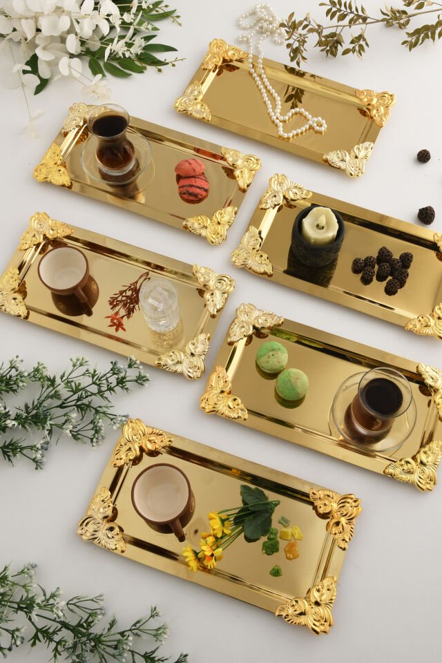 Foldosi Gold 6'lı Gold Süs Detaylı Kayık Kahve Sunum Tepsisi Servis Çay Tepsisi Dekoratif Tepsi