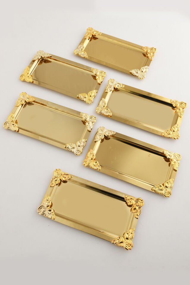 Foldosi Gold 6'lı Gold Süs Detaylı Kayık Kahve Sunum Tepsisi Servis Çay Tepsisi Dekoratif Tepsi