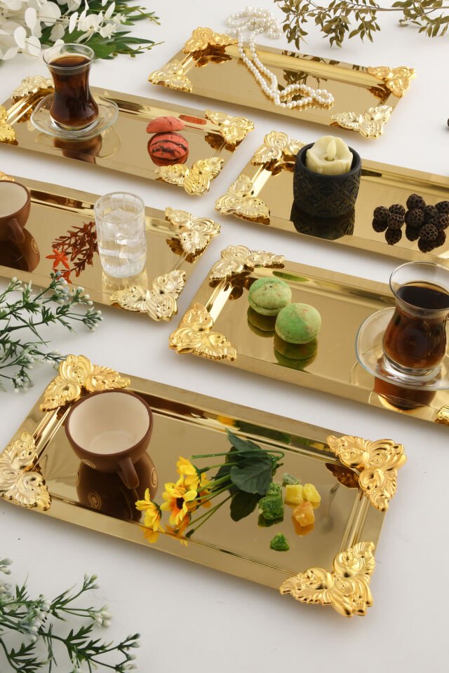Foldosi Gold 6'lı Gold Süs Detaylı Kayık Kahve Sunum Tepsisi Servis Çay Tepsisi Dekoratif Tepsi