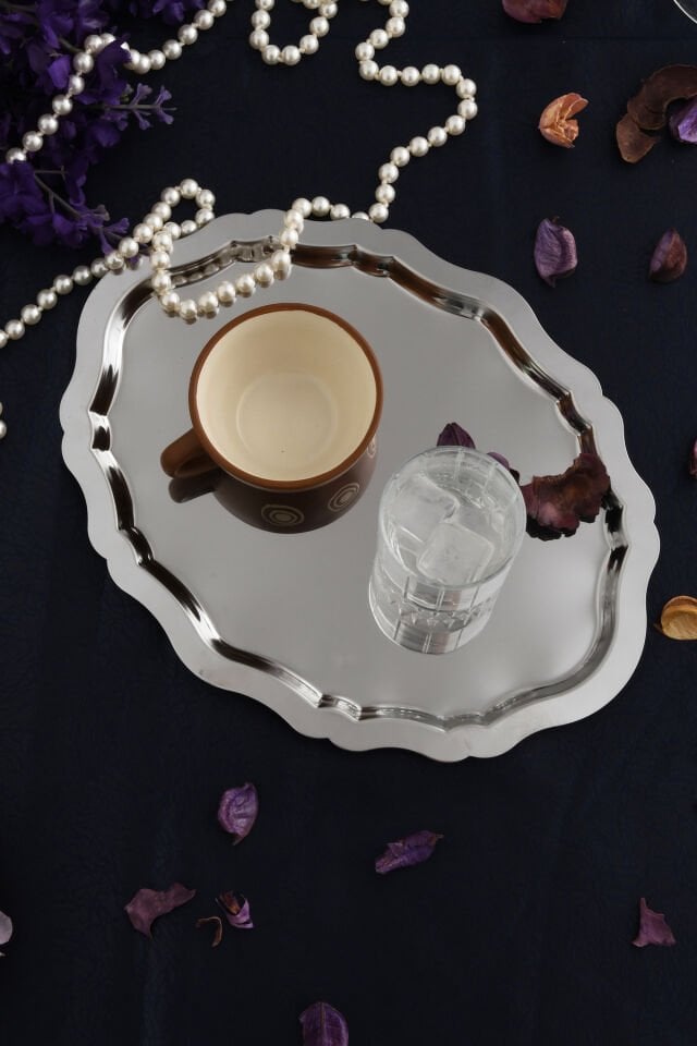 Ovaldi Gümüş Paslanmaz Çelik Oval Kahve Sunum Tepsisi Servis Çay Tepsisi Dekoratif Tepsi