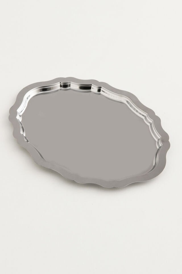 Ovaldi Gümüş Paslanmaz Çelik Oval Kahve Sunum Tepsisi Servis Çay Tepsisi Dekoratif Tepsi
