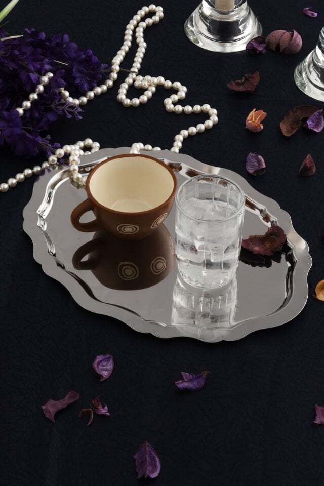 Ovaldi Gümüş Paslanmaz Çelik Oval Kahve Sunum Tepsisi Servis Çay Tepsisi Dekoratif Tepsi