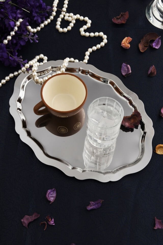 Ovaldi Gümüş Paslanmaz Çelik Oval Kahve Sunum Tepsisi Servis Çay Tepsisi Dekoratif Tepsi