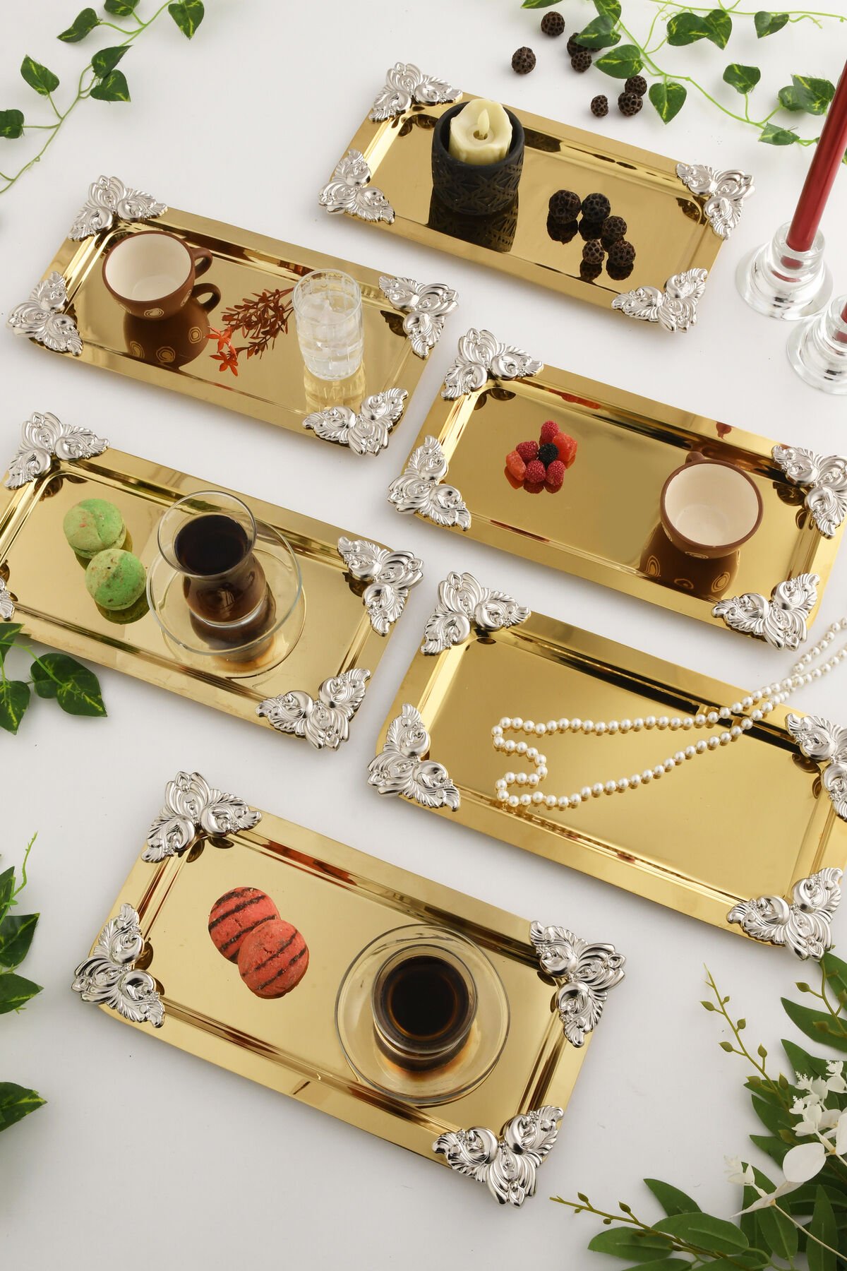 Foldosi Gold 6'lı Gümüş Süs Detaylı Kayık Kahve Sunum Tepsisi Servis Çay Tepsisi Dekoratif Tepsi