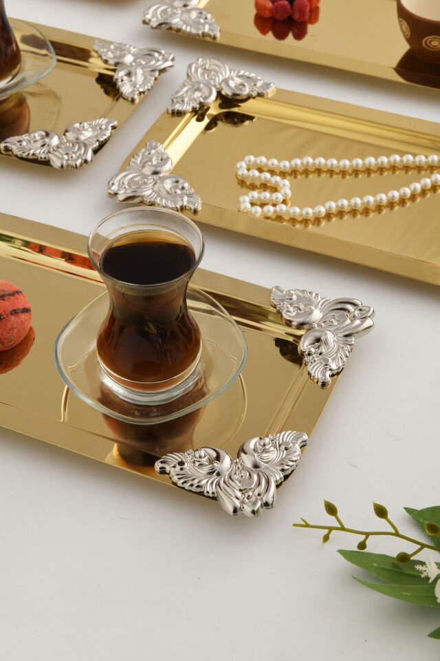 Foldosi Gold 6'lı Gümüş Süs Detaylı Kayık Kahve Sunum Tepsisi Servis Çay Tepsisi Dekoratif Tepsi