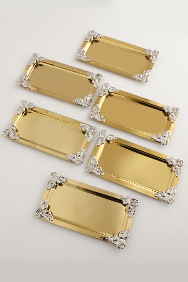Foldosi Gold 6'lı Gümüş Süs Detaylı Kayık Kahve Sunum Tepsisi Servis Çay Tepsisi Dekoratif Tepsi