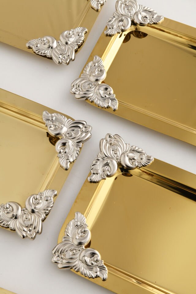 Foldosi Gold 6'lı Gümüş Süs Detaylı Kayık Kahve Sunum Tepsisi Servis Çay Tepsisi Dekoratif Tepsi
