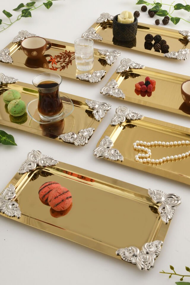 Foldosi Gold 6'lı Gümüş Süs Detaylı Kayık Kahve Sunum Tepsisi Servis Çay Tepsisi Dekoratif Tepsi