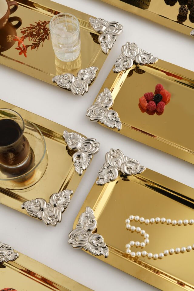 Foldosi Gold 6'lı Gümüş Süs Detaylı Kayık Kahve Sunum Tepsisi Servis Çay Tepsisi Dekoratif Tepsi