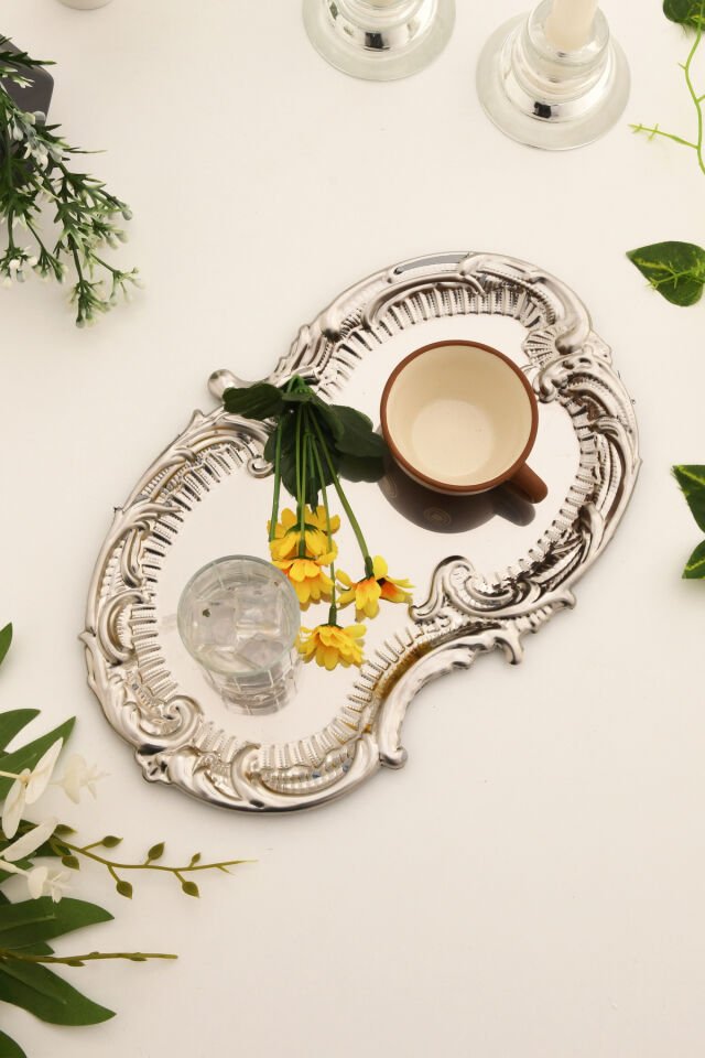 Silen Paslanmaz Bulut Model Kahve Sunum Tepsisi Gümüş 1 Adet