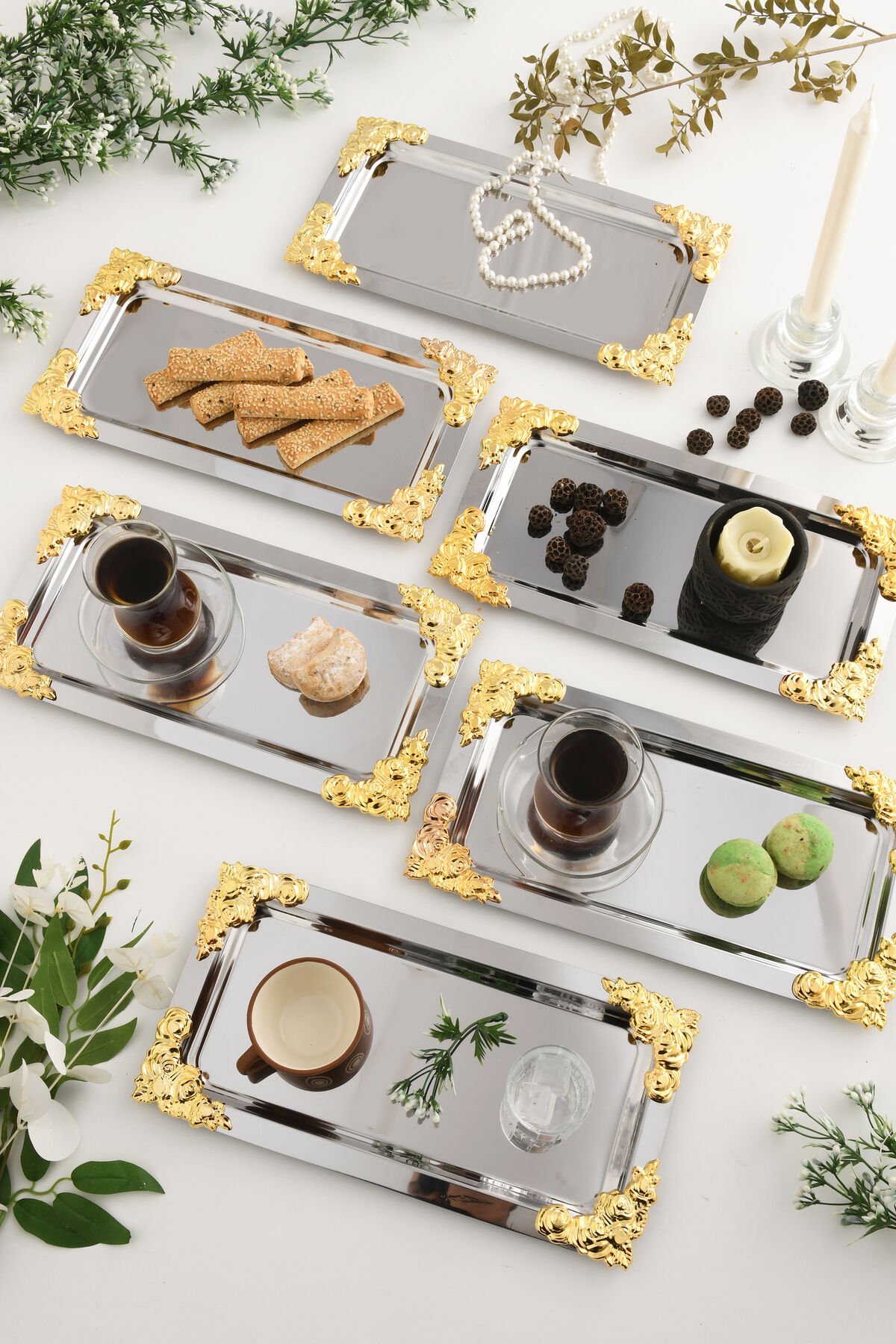 Molisi Gümüş 6'lı Gold Süs Detaylı Kayık Kahve Sunum Tepsisi Servis Çay Tepsisi Dekoratif Tepsi