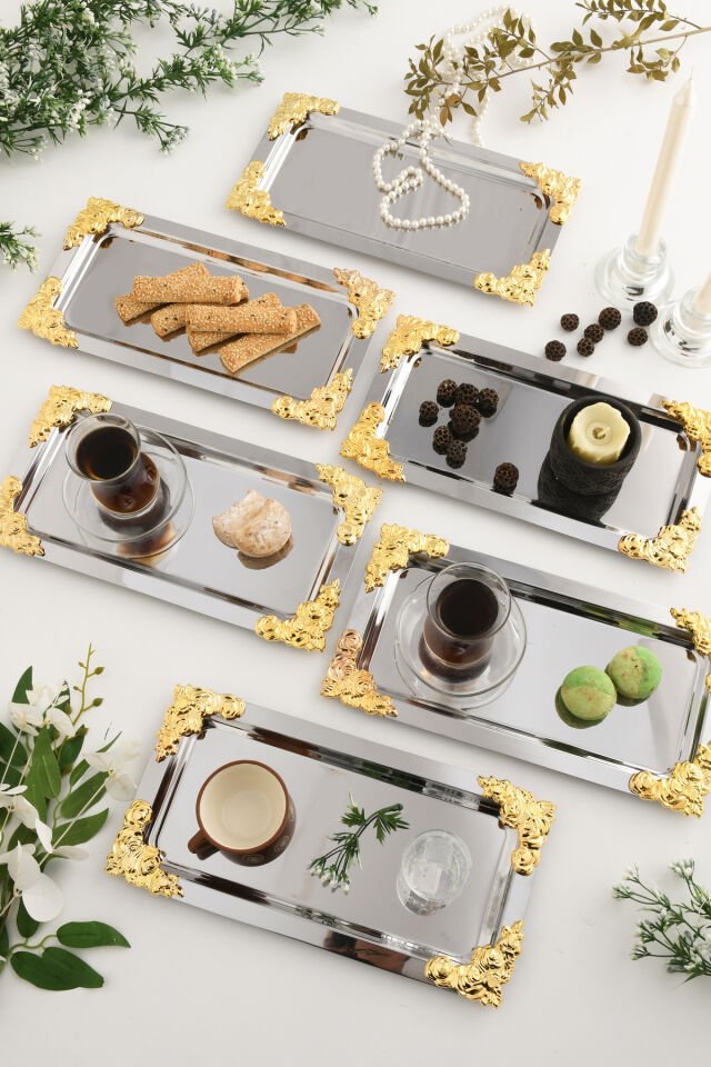 Molisi Gümüş 6'lı Gold Süs Detaylı Kayık Kahve Sunum Tepsisi Servis Çay Tepsisi Dekoratif Tepsi