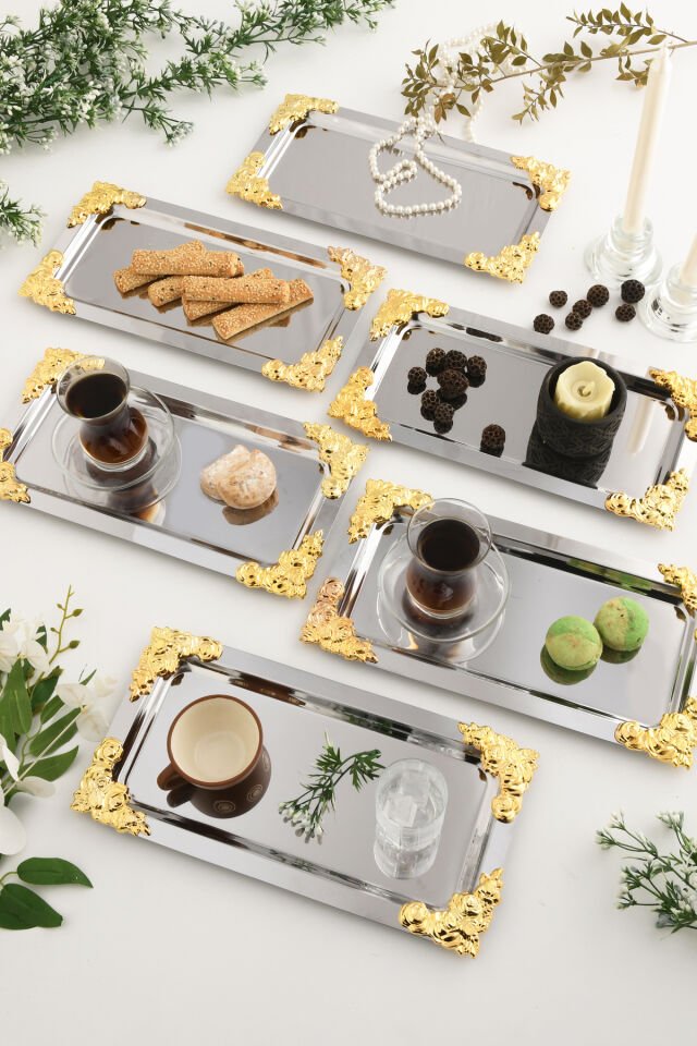 Molisi Gümüş 6'lı Gold Süs Detaylı Kayık Kahve Sunum Tepsisi Servis Çay Tepsisi Dekoratif Tepsi