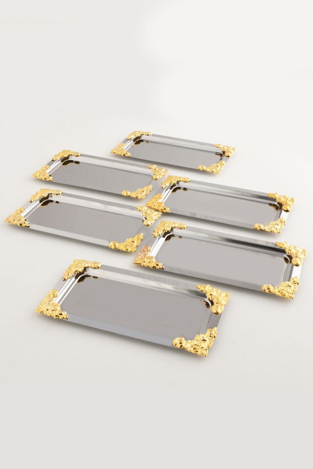 Molisi Gümüş 6'lı Gold Süs Detaylı Kayık Kahve Sunum Tepsisi Servis Çay Tepsisi Dekoratif Tepsi