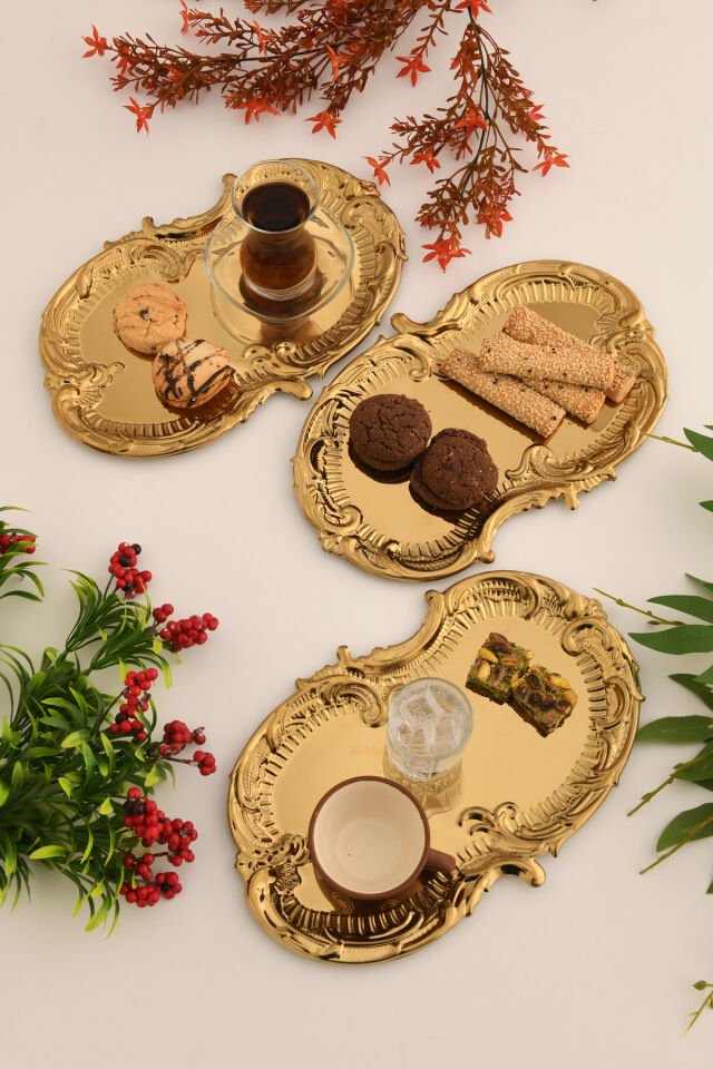 Silen Paslanmaz Bulut Model Sunum Tepsisi Gold 3 Lü Takım