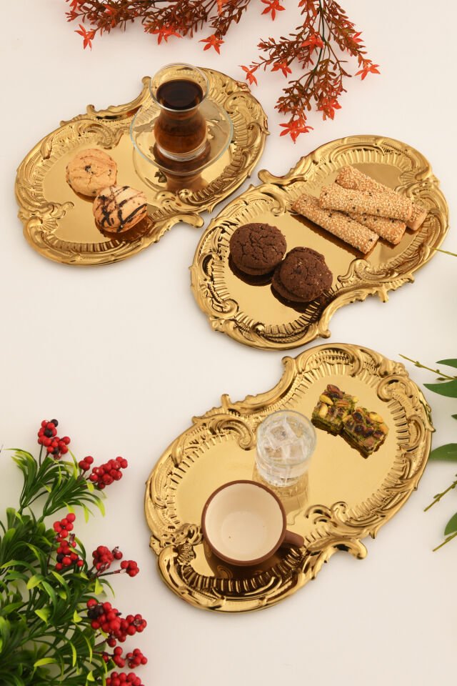 Silen Paslanmaz Bulut Model Sunum Tepsisi Gold 3 Lü Takım