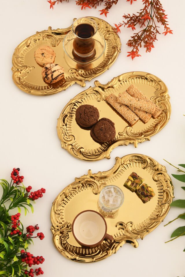 Silen Paslanmaz Bulut Model Sunum Tepsisi Gold 3 Lü Takım