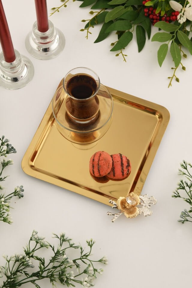 Volis Paslanmaz Çelik Desenli Kelebek Kristal Taş Detaylı Kahve Servis Sunum Tepsisi Gold