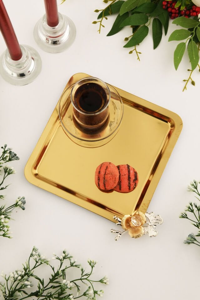 Volis Paslanmaz Çelik Desenli Kelebek Kristal Taş Detaylı Kahve Servis Sunum Tepsisi Gold