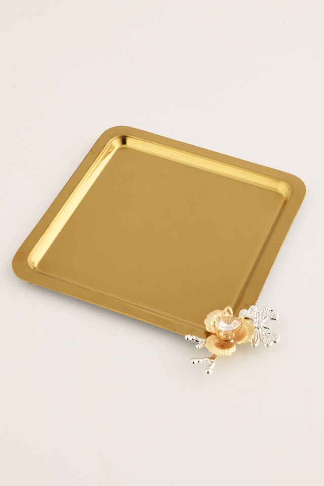 Volis Paslanmaz Çelik Desenli Kelebek Kristal Taş Detaylı Kahve Servis Sunum Tepsisi Gold