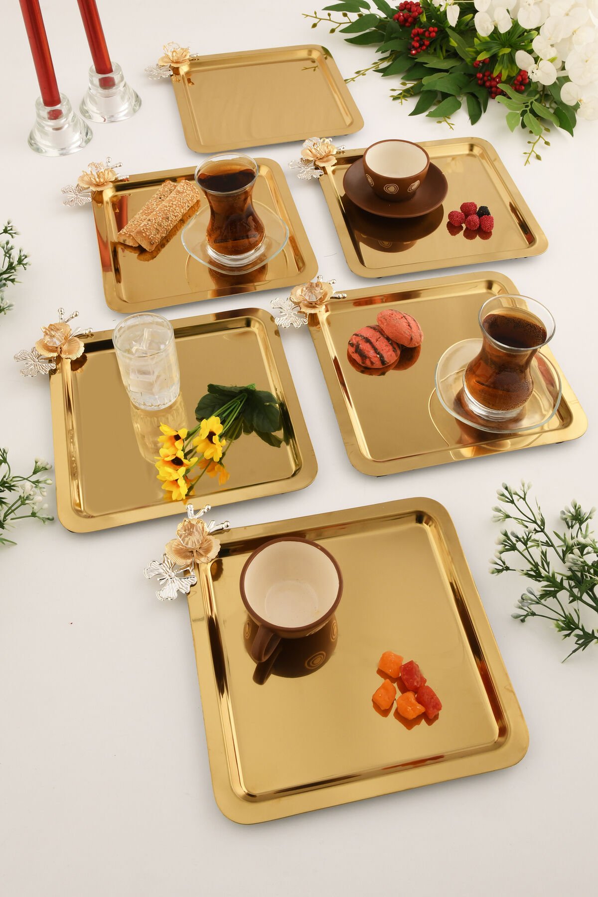 Volis Paslanmaz Çelik 6'lı Desenli Kelebek Kristal Taş Detaylı Kahve Servis Sunum Tepsisi Gold