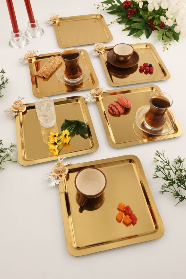 Volis Paslanmaz Çelik 6'lı Desenli Kelebek Kristal Taş Detaylı Kahve Servis Sunum Tepsisi Gold