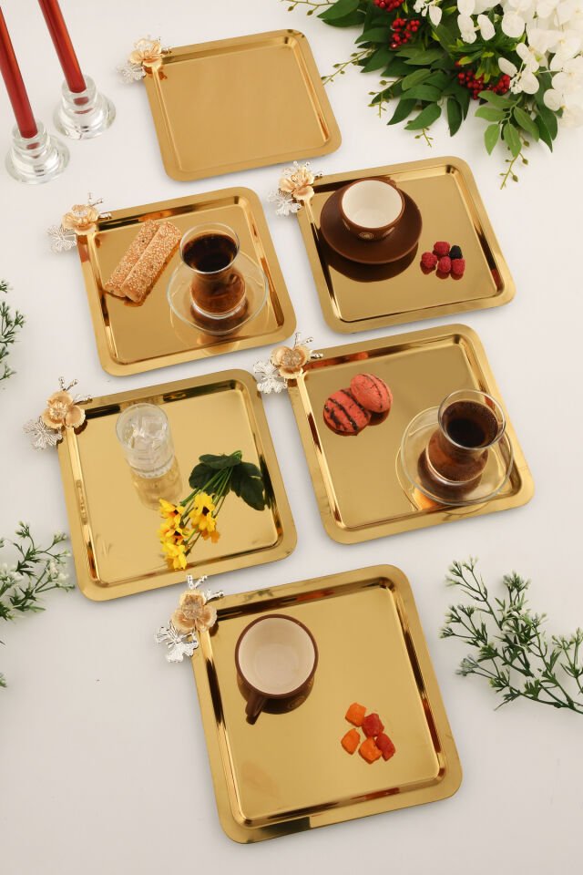 Volis Paslanmaz Çelik 6'lı Desenli Kelebek Kristal Taş Detaylı Kahve Servis Sunum Tepsisi Gold