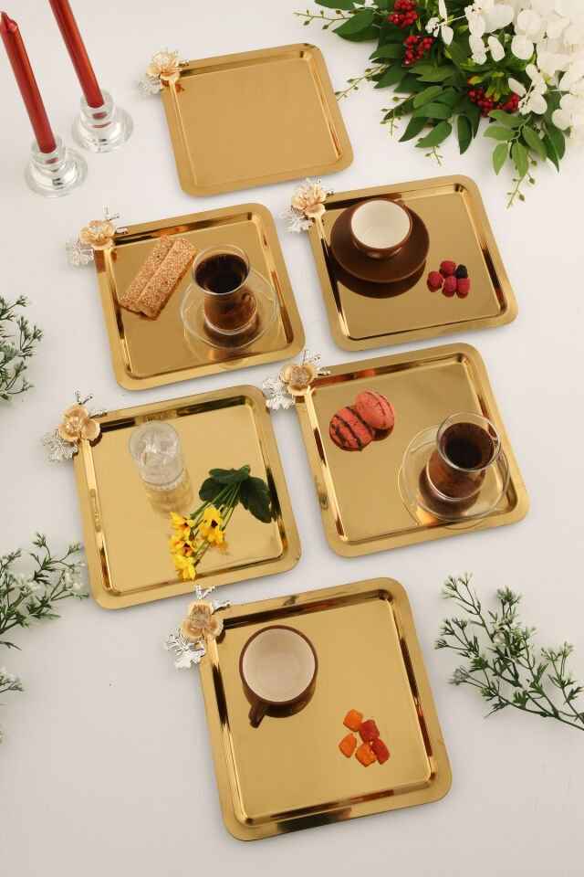 Volis Paslanmaz Çelik 6'lı Desenli Kelebek Kristal Taş Detaylı Kahve Servis Sunum Tepsisi Gold