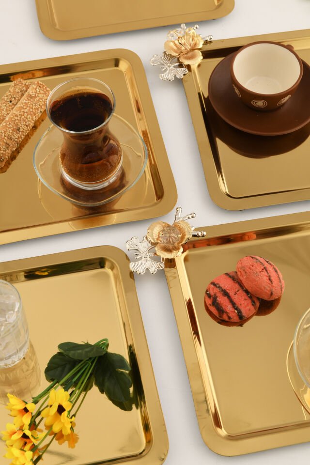 Volis Paslanmaz Çelik 6'lı Desenli Kelebek Kristal Taş Detaylı Kahve Servis Sunum Tepsisi Gold