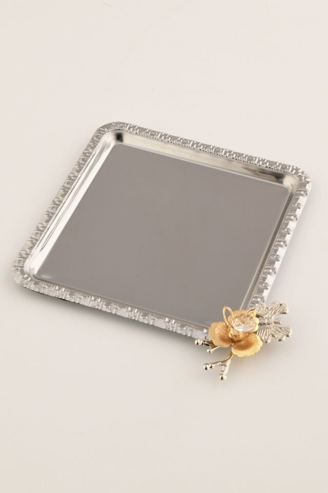 Volis Paslanmaz Çelik Desenli Kelebek Kristal Taş Detaylı Kahve Servis Sunum Tepsisi Gümüş