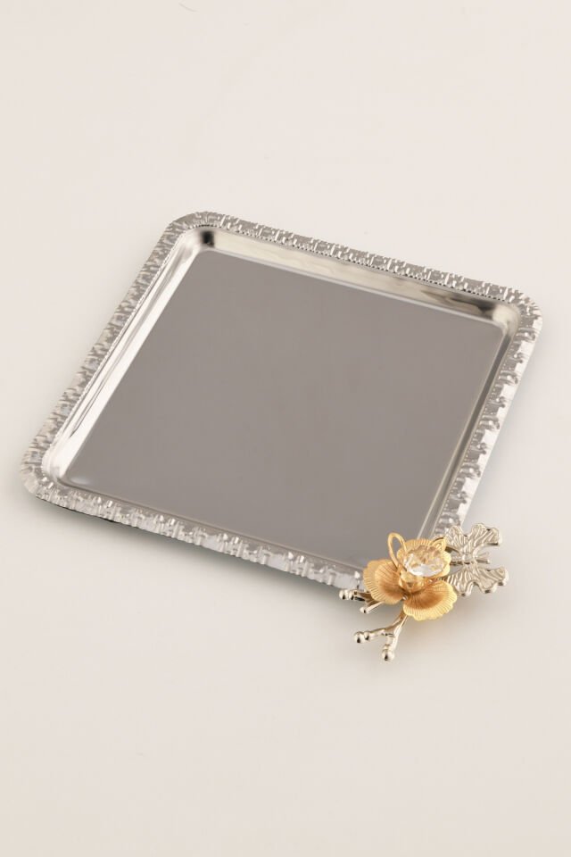 Volis Paslanmaz Çelik Desenli Kelebek Kristal Taş Detaylı Kahve Servis Sunum Tepsisi Gümüş