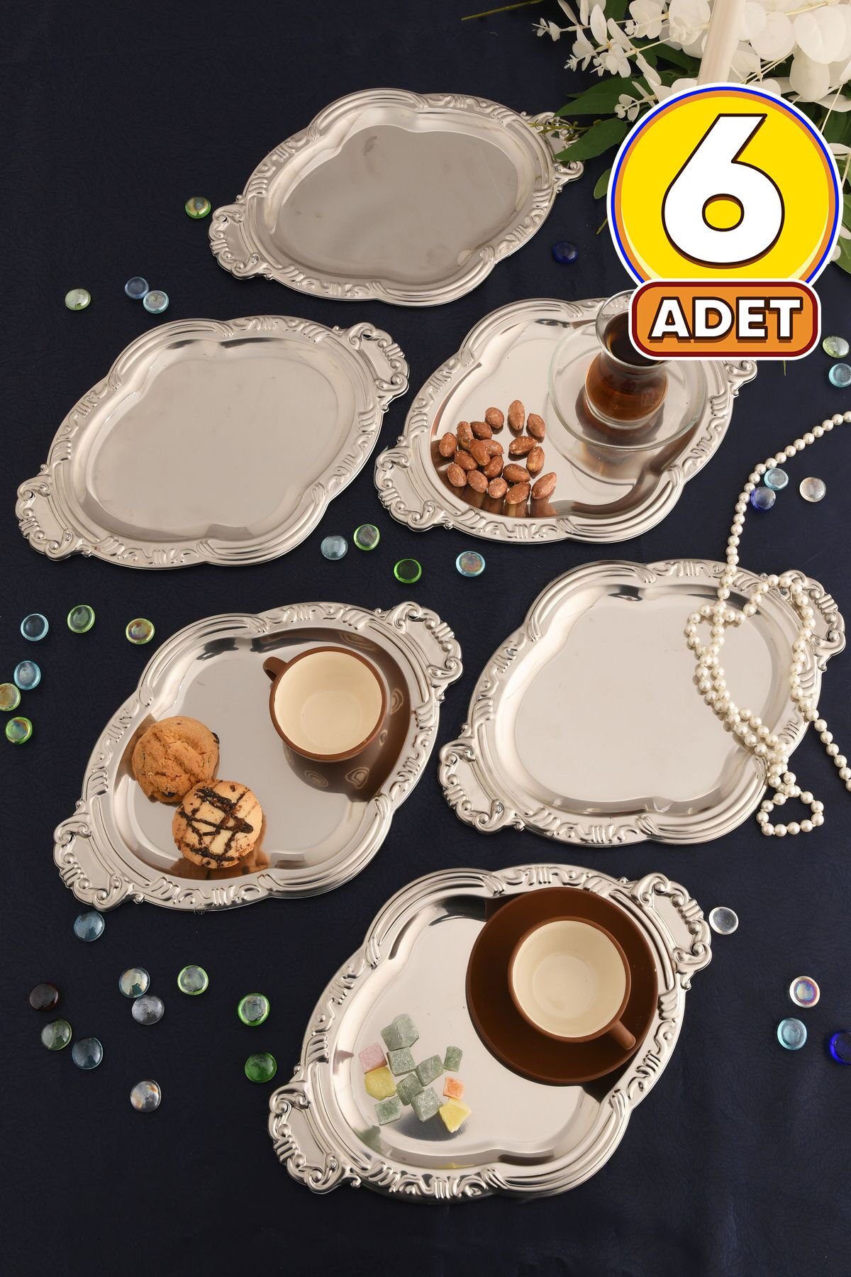 Elvir Paslanmaz Osmanlı Desen Sunum Tepsisi Gümüş 6 Lı Takım