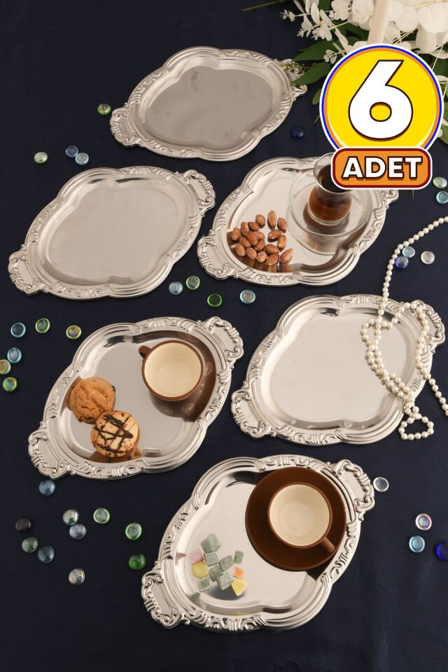 Elvir Paslanmaz Osmanlı Desen Sunum Tepsisi Gümüş 6 Lı Takım
