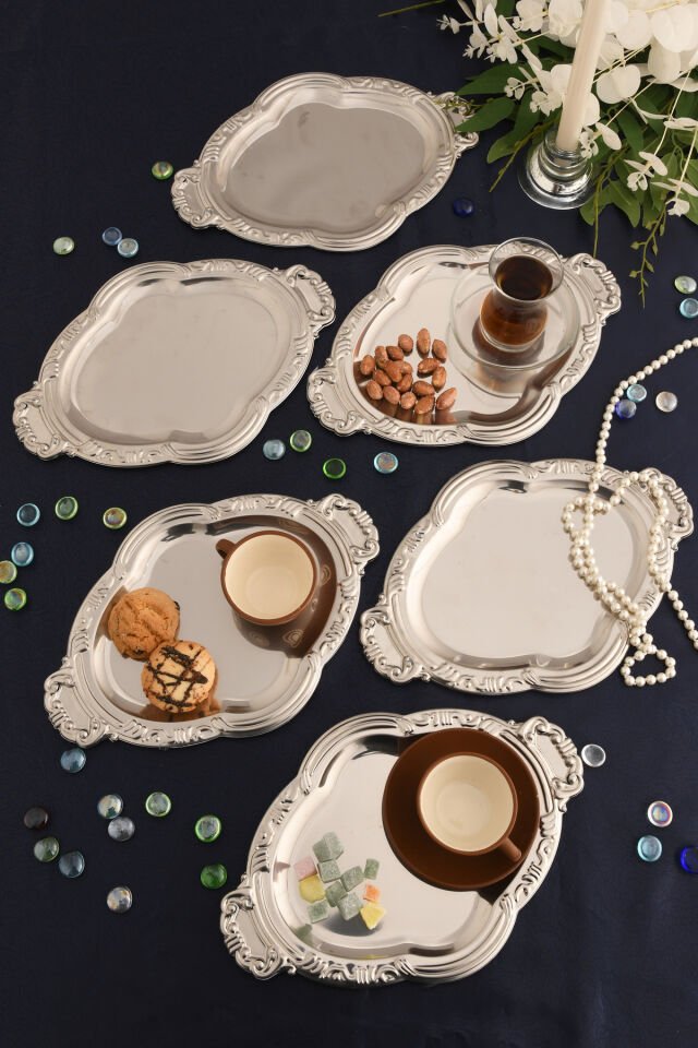 Elvir Paslanmaz Osmanlı Desen Sunum Tepsisi Gümüş 6 Lı Takım