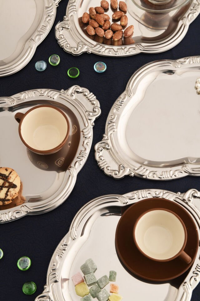 Elvir Paslanmaz Osmanlı Desen Sunum Tepsisi Gümüş 6 Lı Takım