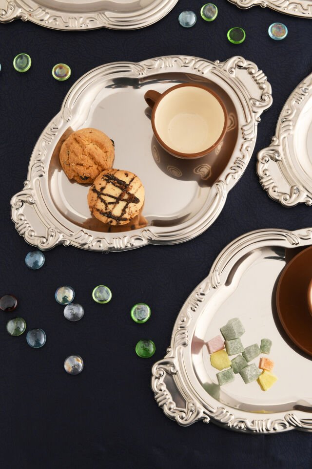 Elvir Paslanmaz Osmanlı Desen Sunum Tepsisi Gümüş 6 Lı Takım