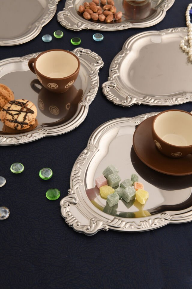 Elvir Paslanmaz Osmanlı Desen Sunum Tepsisi Gümüş 6 Lı Takım