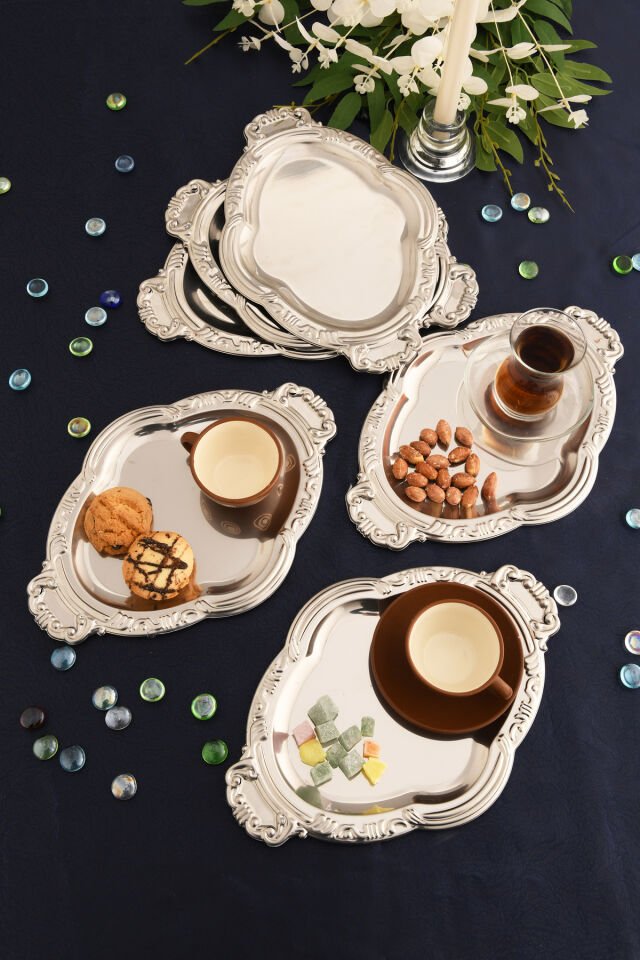 Elvir Paslanmaz Osmanlı Desen Sunum Tepsisi Gümüş 6 Lı Takım