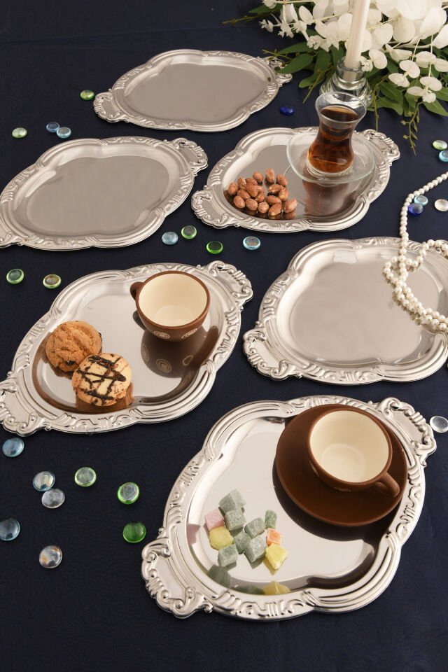 Elvir Paslanmaz Osmanlı Desen Sunum Tepsisi Gümüş 6 Lı Takım