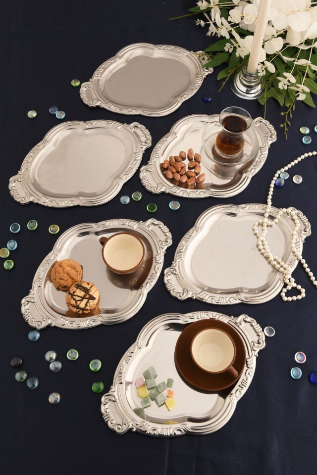 Elvir Paslanmaz Osmanlı Desen Sunum Tepsisi Gümüş 6 Lı Takım