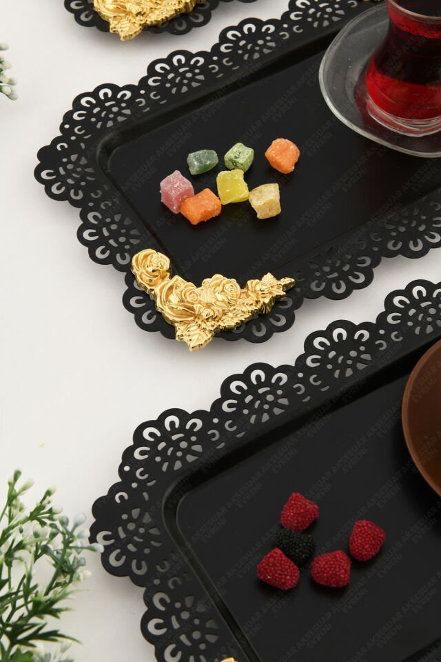 LUCE Siyah Dantel Kenarlı Oyma Detaylı Dikdörtgen 3'lü Dekoratif Sunum Tepsisi
