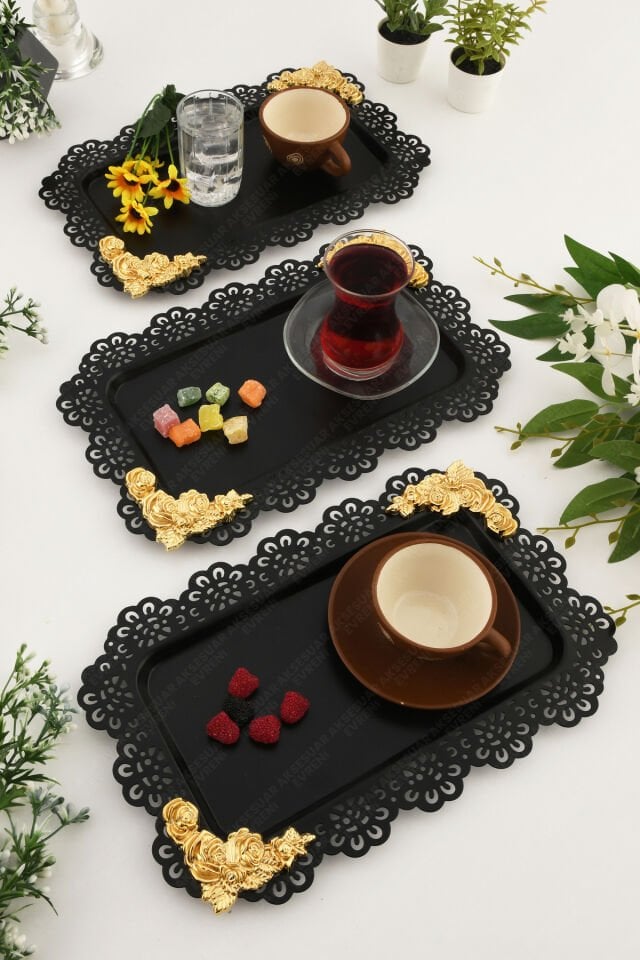 LUCE Siyah Dantel Kenarlı Oyma Detaylı Dikdörtgen 3'lü Dekoratif Sunum Tepsisi