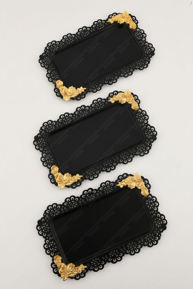 LUCE Siyah Dantel Kenarlı Oyma Detaylı Dikdörtgen 3'lü Dekoratif Sunum Tepsisi